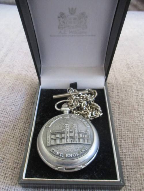 A.E.WILLIAMS FOB WATCH WITH T CHAIN IN ORIGINAL BOX - PERFECT WORKING ORDER - LEEDS CASTLE, KENT