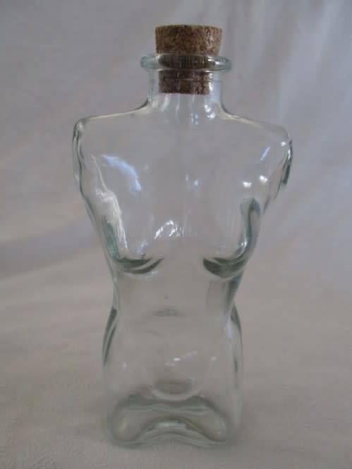 TWO UNUSUAL MALE AND FEMALE TORSO LUTEX GLASS BOTTLES