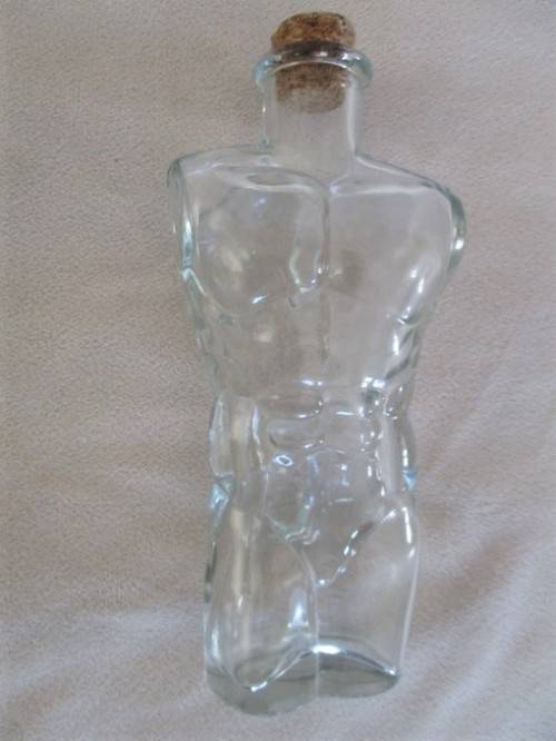 TWO UNUSUAL MALE AND FEMALE TORSO LUTEX GLASS BOTTLES