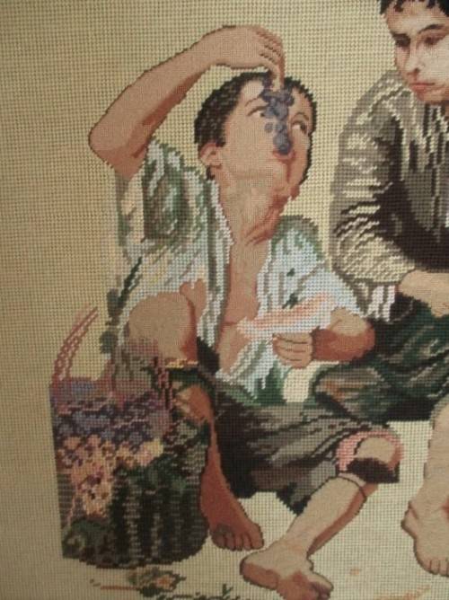 LARGE VINTAGE 1980  COMBINATION PETIT POINT TAPESTRY OF BOYS EATING FRUIT (SIGNED)