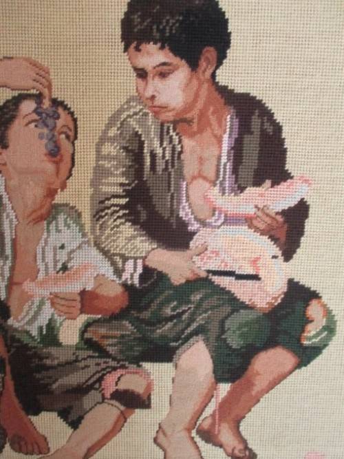 LARGE VINTAGE 1980  COMBINATION PETIT POINT TAPESTRY OF BOYS EATING FRUIT (SIGNED)