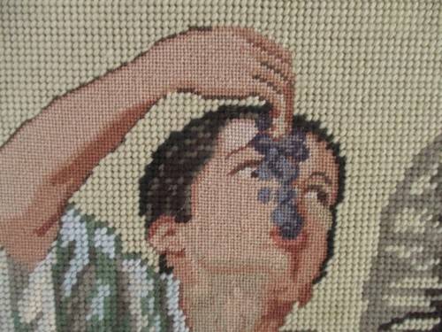 LARGE VINTAGE 1980  COMBINATION PETIT POINT TAPESTRY OF BOYS EATING FRUIT (SIGNED)