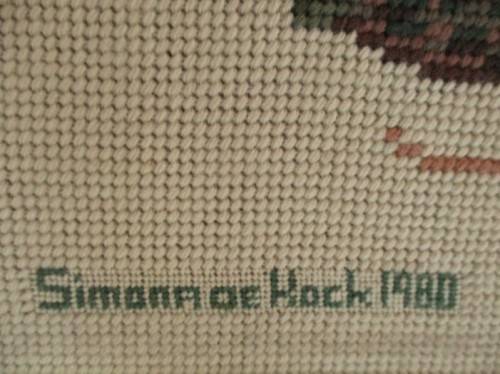 LARGE VINTAGE 1980  COMBINATION PETIT POINT TAPESTRY OF BOYS EATING FRUIT (SIGNED)