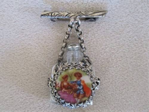 VINTAGE/ANTIQUE FRENCH CHATELAINE PERFUME BOTTLE/PIN WITH ROMANTIC SCENE AND FILIGREE