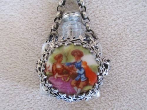 VINTAGE/ANTIQUE FRENCH CHATELAINE PERFUME BOTTLE/PIN WITH ROMANTIC SCENE AND FILIGREE