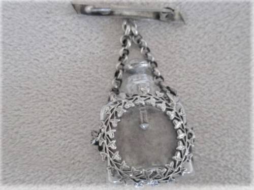 VINTAGE/ANTIQUE FRENCH CHATELAINE PERFUME BOTTLE/PIN WITH ROMANTIC SCENE AND FILIGREE