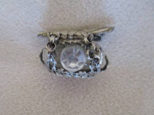 VINTAGE/ANTIQUE FRENCH CHATELAINE PERFUME BOTTLE/PIN WITH ROMANTIC SCENE AND FILIGREE