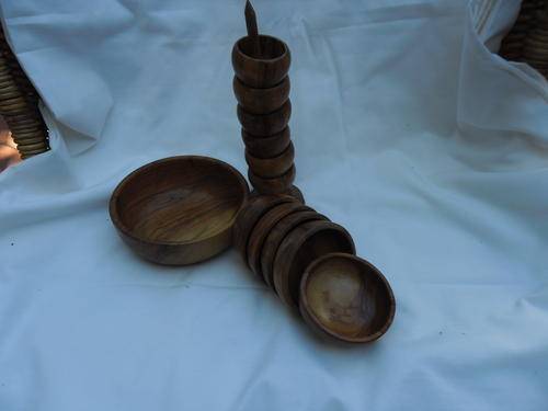 Wooden set of 5 dip dishes,one side salad dish and 6 egg cups?