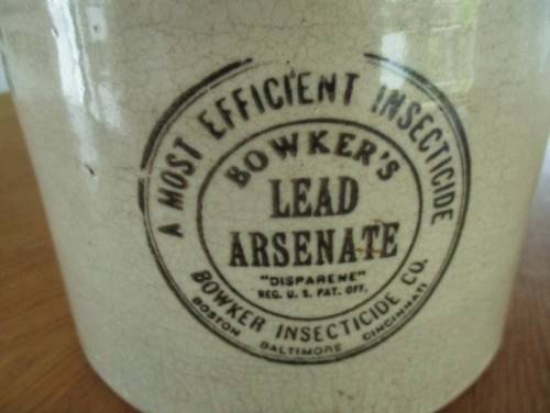 RARE FIND!!  LARGE ANTIQUE BOWKER`S POISON STONEWARE CROCK - LEAD ARSENATE