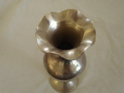 Vintage Hand Etched Indian Brass Vase with Ruffled Edge