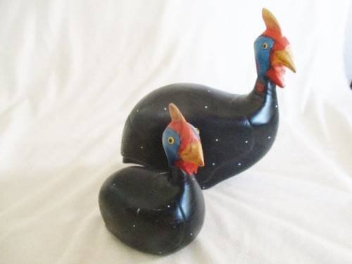 TWO COLLECTABLE WOODEN HAND CARVED BIRDS OF AFRICA, KNYSNA  - GUINEA FOWL