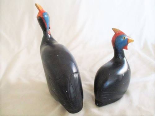 TWO COLLECTABLE WOODEN HAND CARVED BIRDS OF AFRICA, KNYSNA  - GUINEA FOWL