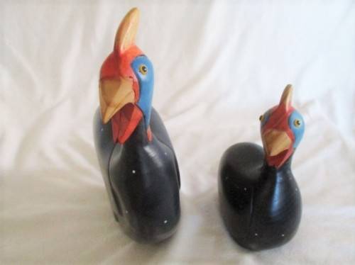 TWO COLLECTABLE WOODEN HAND CARVED BIRDS OF AFRICA, KNYSNA  - GUINEA FOWL