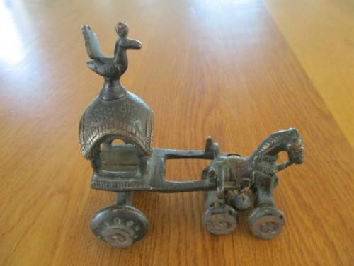 ANTIQUE BRONZE INDIAN TEMPLE CARRIAGE DRAWN BY HORSE (ROTATING WHEELS)