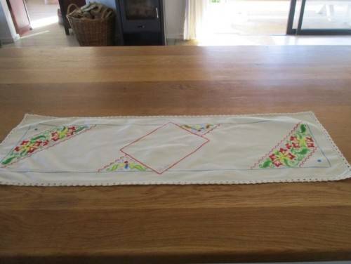COLOURFUL VINTAGE HAND EMBROIDERED TABLE RUNNER WITH JACOBEAN-LIKE DESIGN AND HAND CROCHETED BORDER