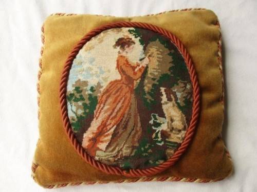 SMALL VINTAGE/ANTIQUE PETIT POIS TAPESTRY CUSHION - VICTORIAN LADY AND HER DOG