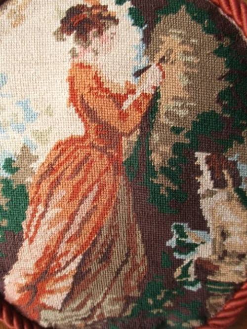 SMALL VINTAGE/ANTIQUE PETIT POIS TAPESTRY CUSHION - VICTORIAN LADY AND HER DOG