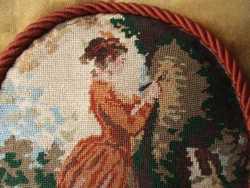 SMALL VINTAGE/ANTIQUE PETIT POIS TAPESTRY CUSHION - VICTORIAN LADY AND HER DOG