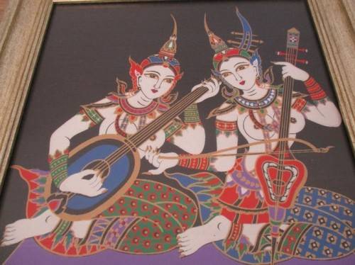 CLOTH ART FROM THAILAND - TWO THAI THEPHANOM PLAYING MUSICAL INSTRUMENTS