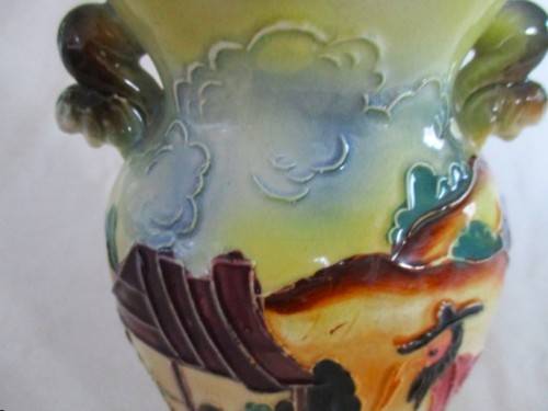 VINTAGE MAJOLICA /FAIENCE VASE WITH RAISED DETAIL AND SQUIRREL HANDLES