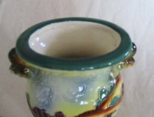VINTAGE MAJOLICA /FAIENCE VASE WITH RAISED DETAIL AND SQUIRREL HANDLES