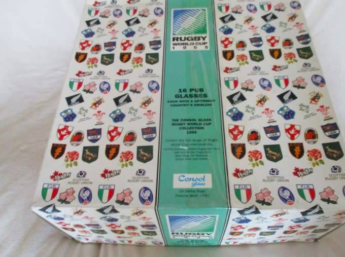 CELEBRATE WITH THIS SET OF 1995 WORLD CUP RUGBY GLASSES (SIXTEEN IN ORIGINAL BOX)