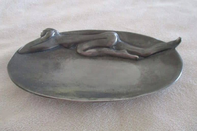 VINTAGE CARROL BOYES PEWTER SOAP DISH WITH NUDE LADY