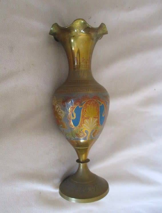 Large Mid century Indian brass vase - beautifully etched and with vivid enameled design