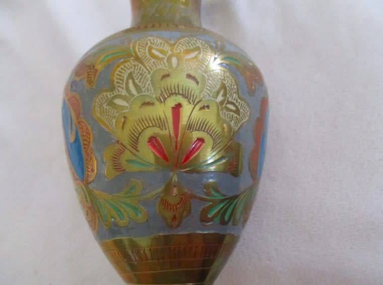 Large Mid century Indian brass vase - beautifully etched and with vivid enameled design