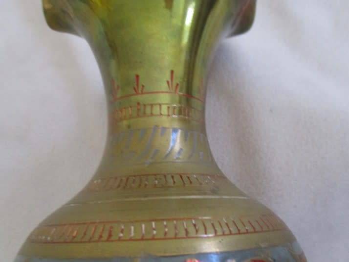 Large Mid century Indian brass vase - beautifully etched and with vivid enameled design