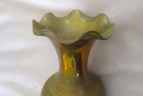 Large Mid century Indian brass vase - beautifully etched and with vivid enameled design