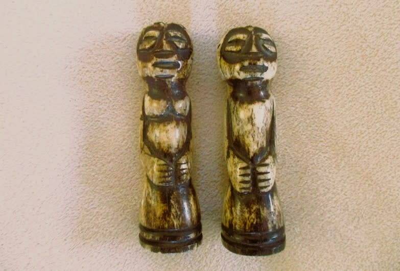 Two very old carved bone Luba/Songwe, Congo potion holders/talismans with original stoppers