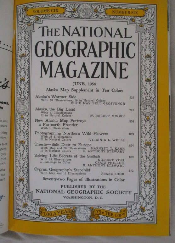 Six 1955 & 1956 National Geographic magazines (bound) plus book ex N.G. Writer & editor