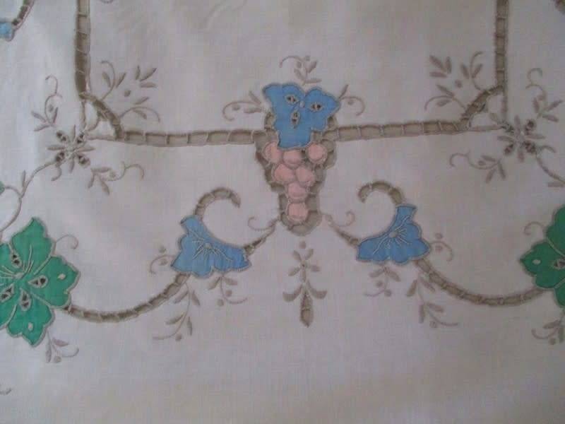 A large vintage embroidered Madeira table cloth with lovely detail
