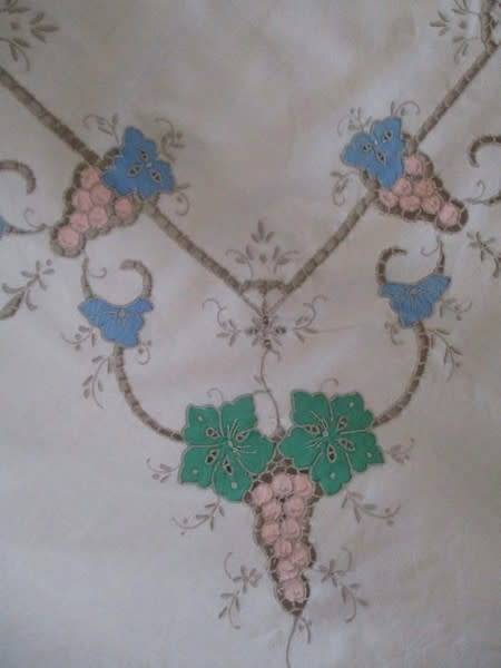A large vintage embroidered Madeira table cloth with lovely detail