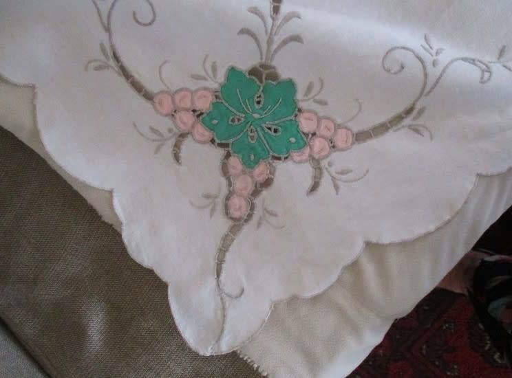 A large vintage embroidered Madeira table cloth with lovely detail
