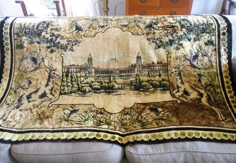 Rare Africana - vintage velvet wall hanging/throw depicting Union Buildings, Voortrekker wagons etc