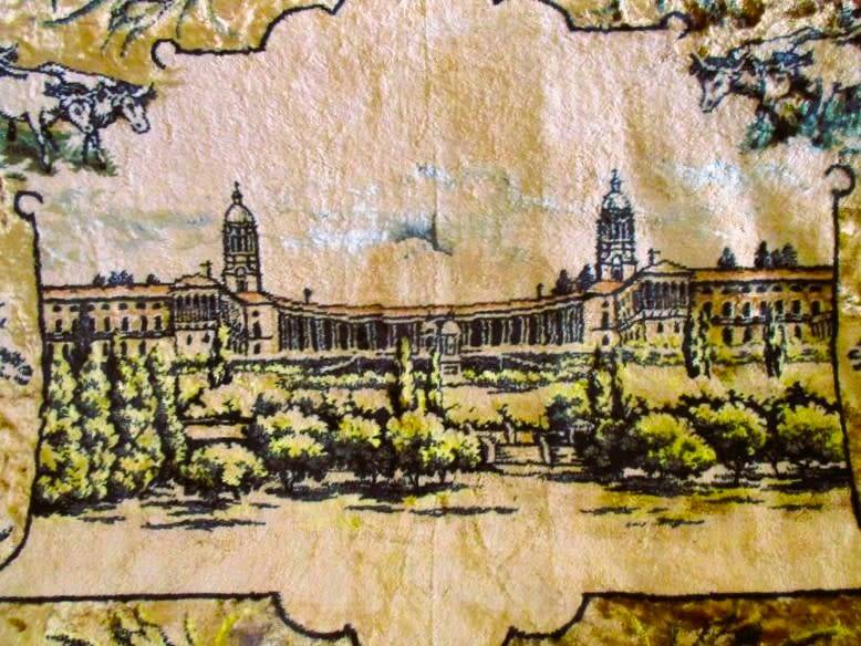 Rare Africana - vintage velvet wall hanging/throw depicting Union Buildings, Voortrekker wagons etc