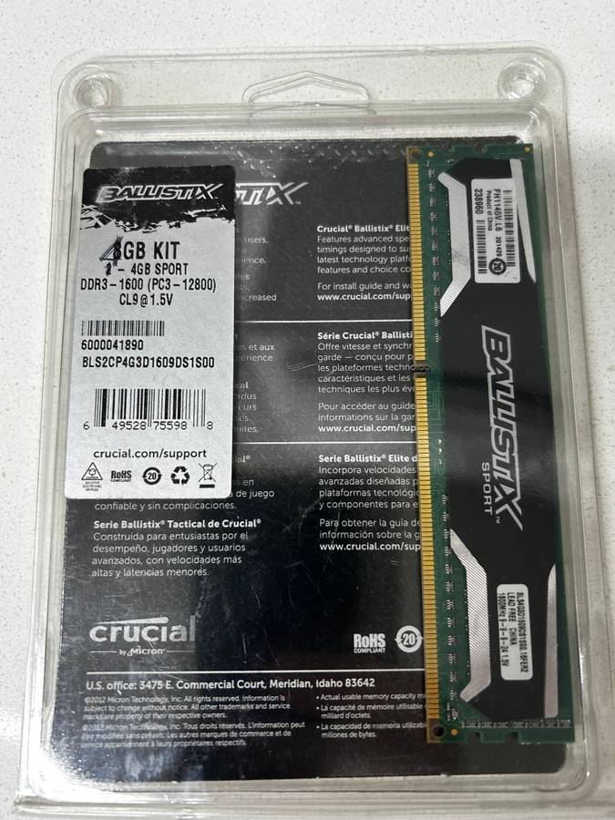 4GB RAM DDR3 1600 1.5V CL9 Crucial Ballistix