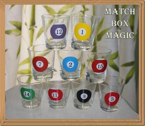 NINE SNOOKER SHOT GLASSES PERFECT FOR A GAMES ROOM OR MAN CAVE