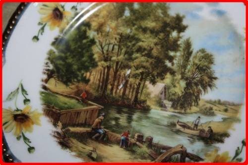LOVELY PAIR OF MATCHING WALL PLATES RIVER SCENES  FISHING AND WATER MILL