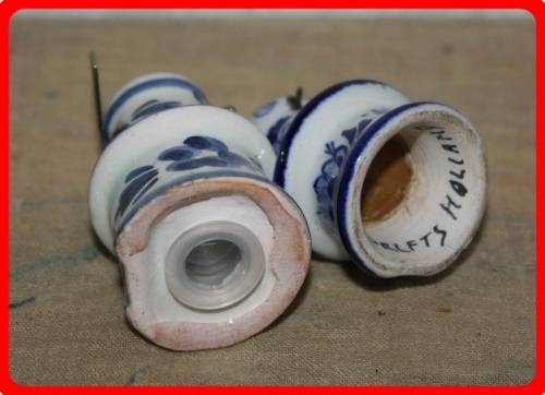 TWO SMALL DUTCH WINDMILLS BLUE AND WHITE METAL BLADES TURN