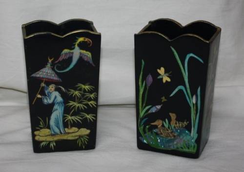 PAIR BLACK LACQUERED ORIENTAL CONTAINERS WITH MOTHER OF PEARL DETAIL