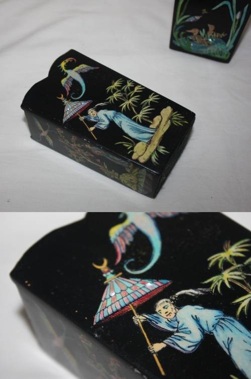 PAIR BLACK LACQUERED ORIENTAL CONTAINERS WITH MOTHER OF PEARL DETAIL