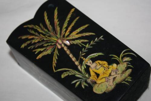 PAIR BLACK LACQUERED ORIENTAL CONTAINERS WITH MOTHER OF PEARL DETAIL