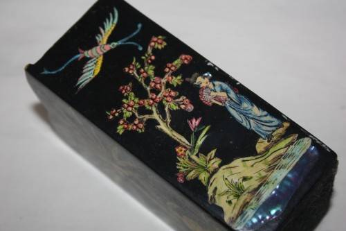 PAIR BLACK LACQUERED ORIENTAL CONTAINERS WITH MOTHER OF PEARL DETAIL