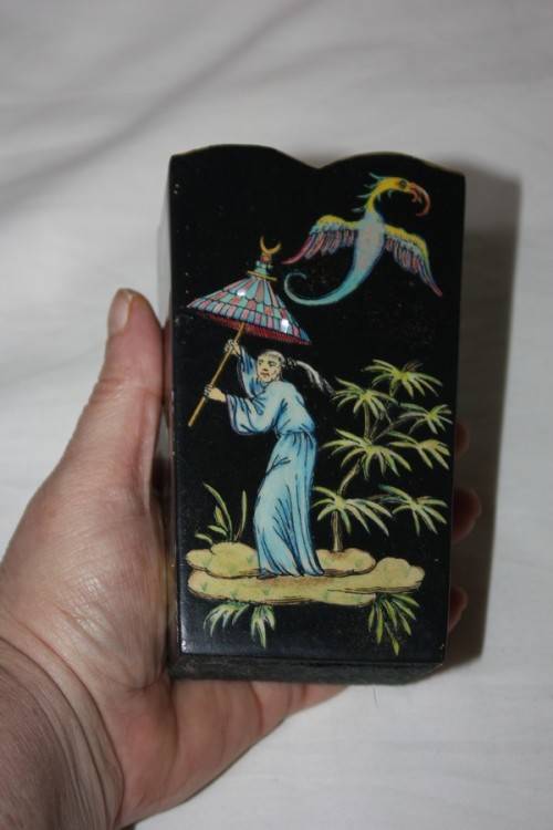 PAIR BLACK LACQUERED ORIENTAL CONTAINERS WITH MOTHER OF PEARL DETAIL