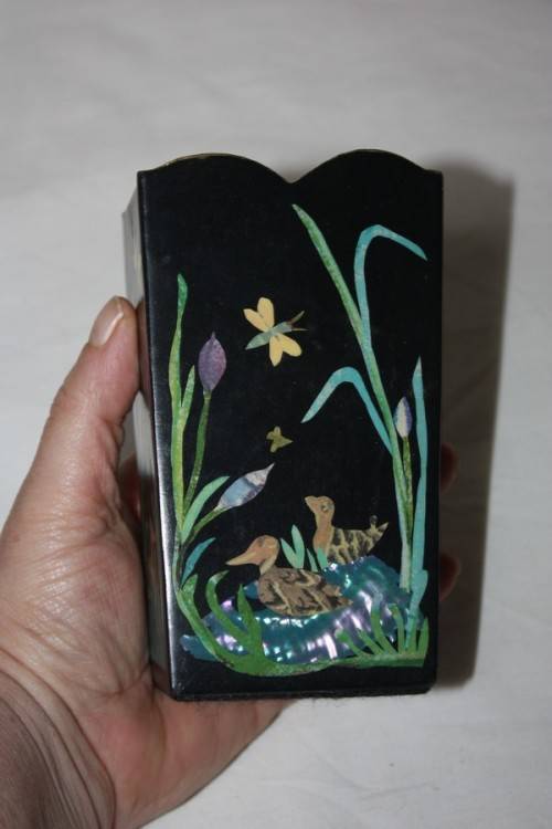 PAIR BLACK LACQUERED ORIENTAL CONTAINERS WITH MOTHER OF PEARL DETAIL