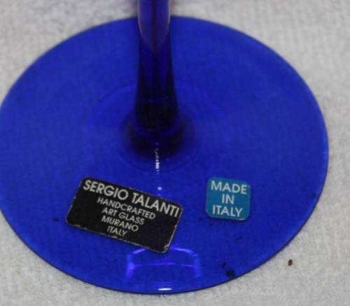 BEAUTIFUL BLUE SERGIO TALANTI HANDCRAFTED ART WINE GLASS MURANO ITALY HAS LABELS ON BASE