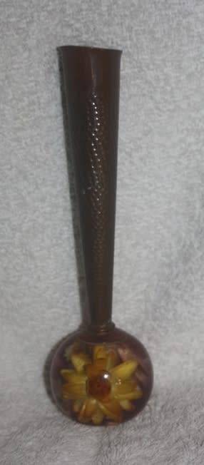 VINTAGE VASE COPPER STEM PERSPEX BULB BOTTOM ENCASING WILD FLOWERS VERY UNUSUAL